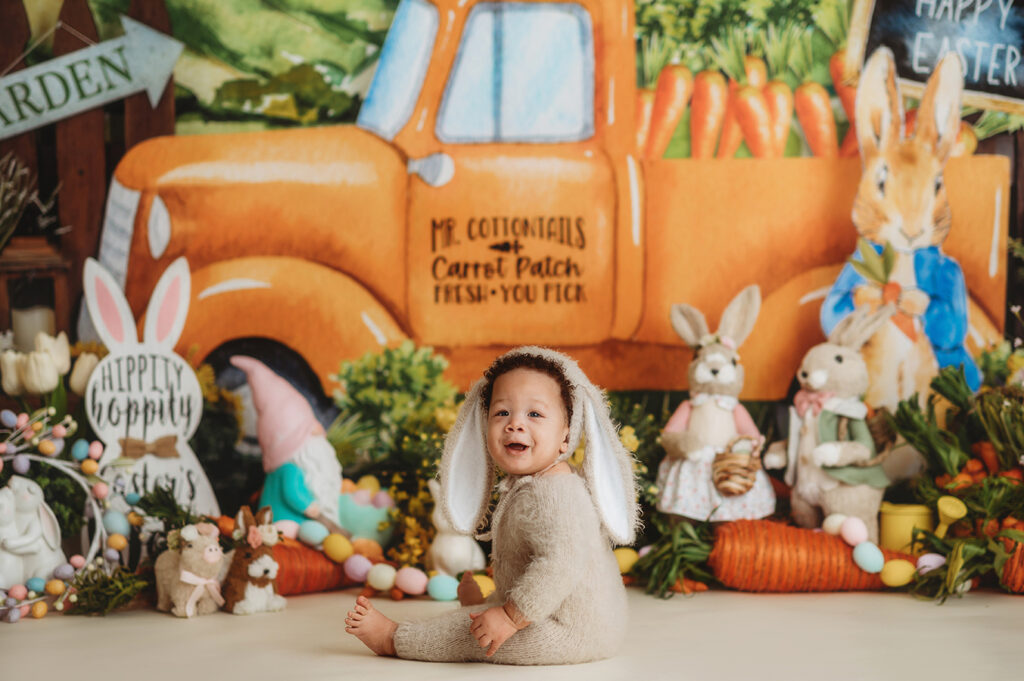 Baby poses for Easter Mini Session photos at Asheville, NC Photography Studio.