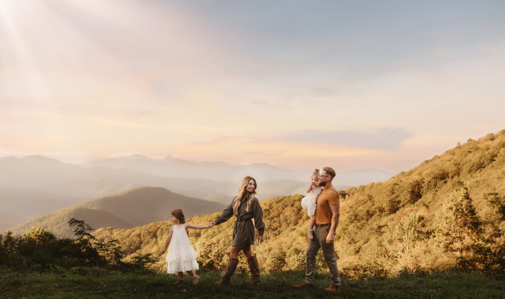 Family walks along the Blue Ridge Parkway for their Family Portraits in Asheville, NC.
