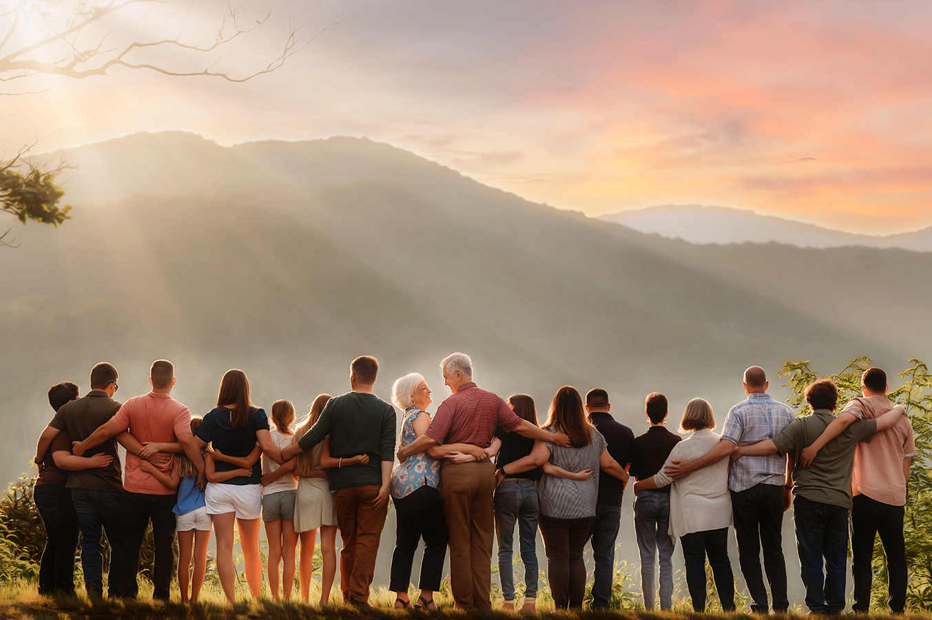 Large, extended family poses for portraits during their Family Reunion Photoshoot in Asheville, NC.