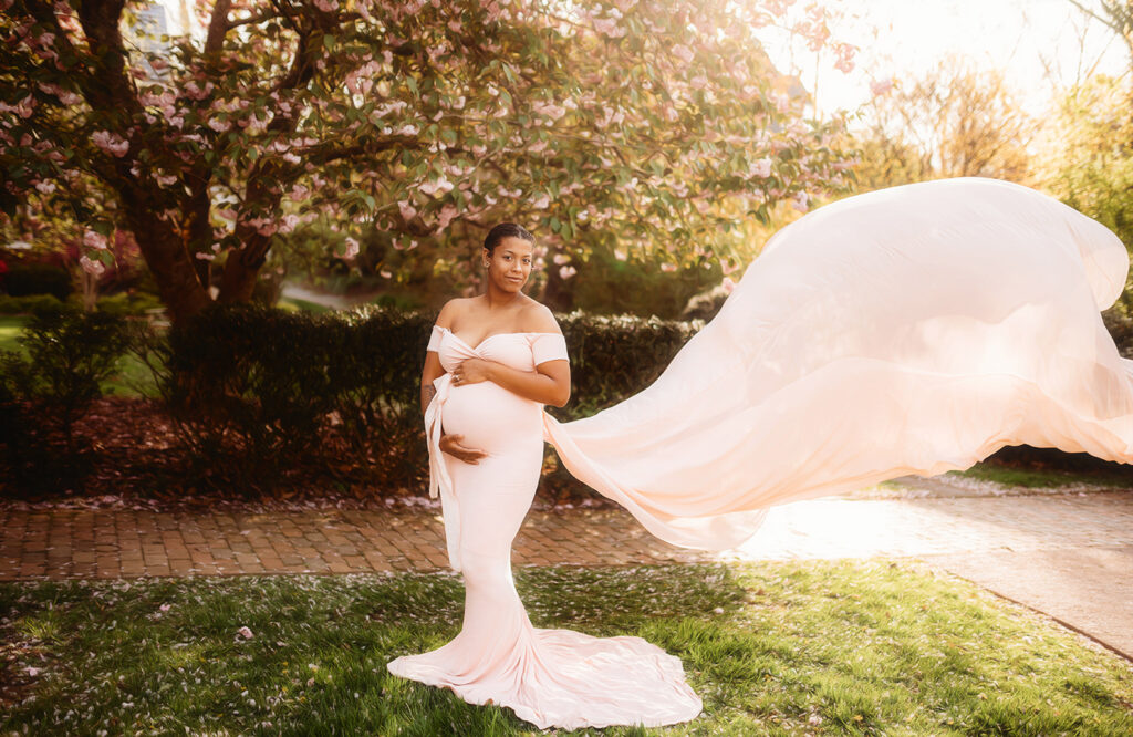 Expectant Mother poses for Maternity Portraits in the Spring in Asheville, NC.