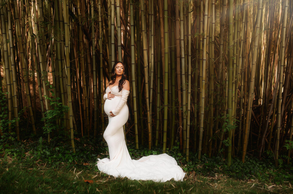 Expectant mother poses for Maternity Portraits in a Bamboo Grove at Biltmore Estate in Asheville, NC.

