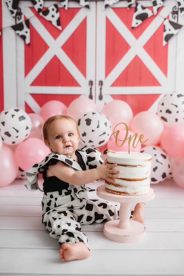 Baby enjoys birthday cake during a photoshoot in Asheville.
