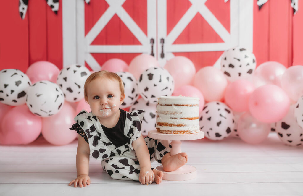 Baby poses for her Milestone, First Birthday Cake Smash Photoshoot in Asheville, NC.